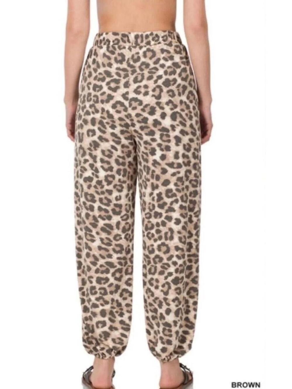 Zenana Brown Leopard Print Harem Pants 2X Boho Wide Leg Slit Pants Plus Size - Picture 7 of 7